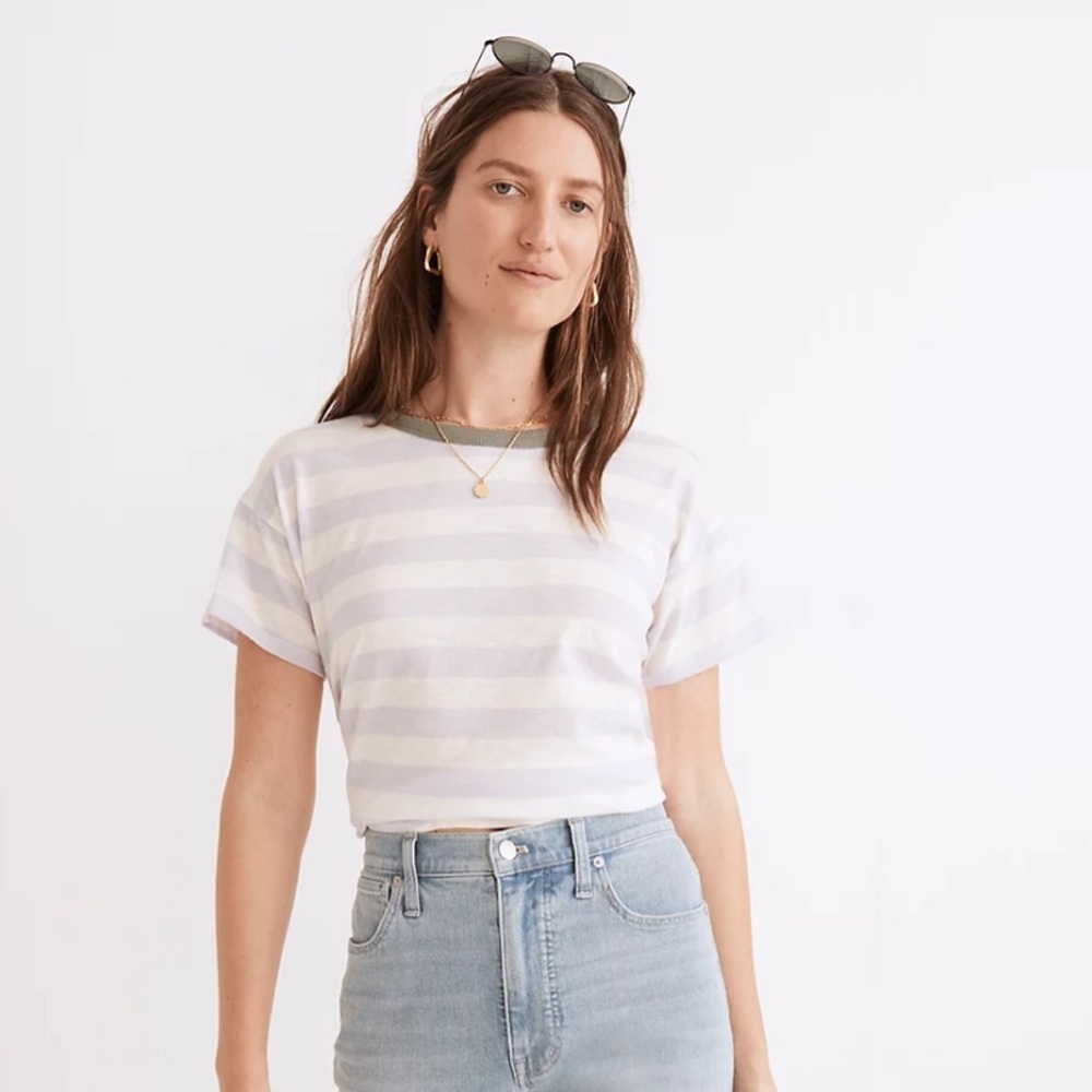 Madewell Lavender and Cream Striped Tee with Green Trim